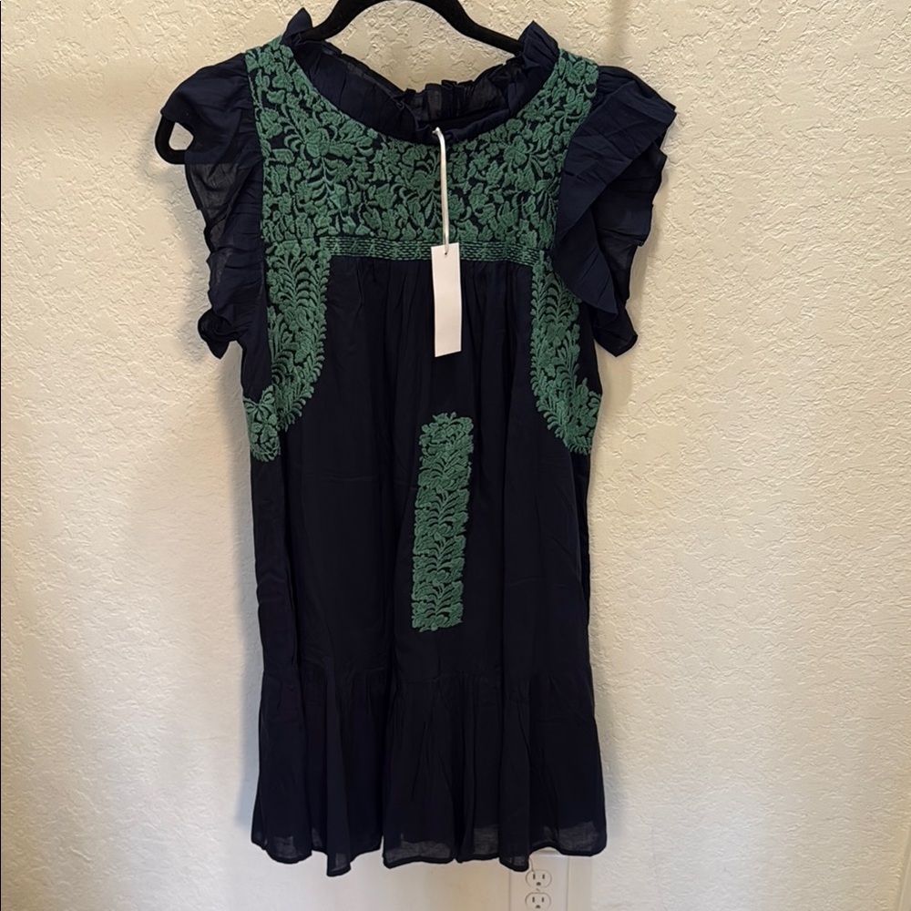 J.Marie navy and green ruffle neck and sleeve dress
